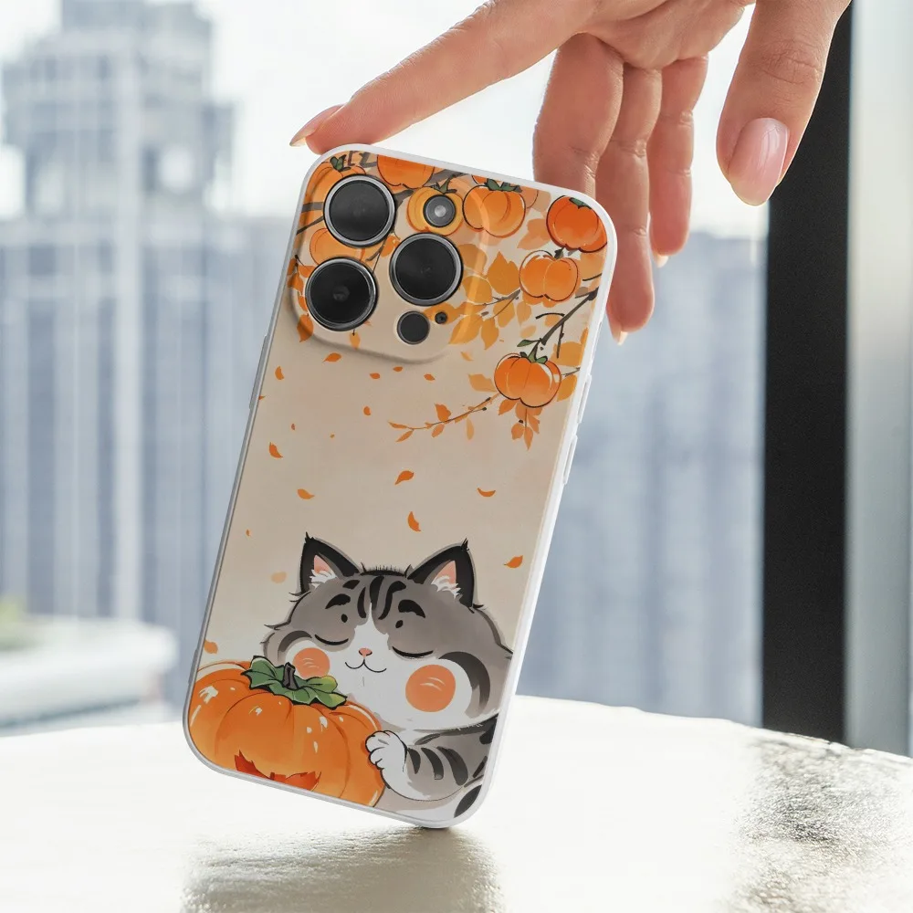 Autumn Cute Fat Cat with Persimmon Phone Case For iPhone 14 15 16 Pro Max 11 12 13 Mini 7 8 Plus X XR XS Soft Shockproof Cover