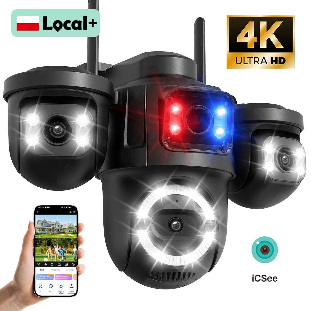 Caméra IP WiFi WONSDAR iCsee Extérieure Triple Objectif Trois Écrans Caméra PTZ Détection IA Surveillance Vidéo Vision Nocturne Intelligente