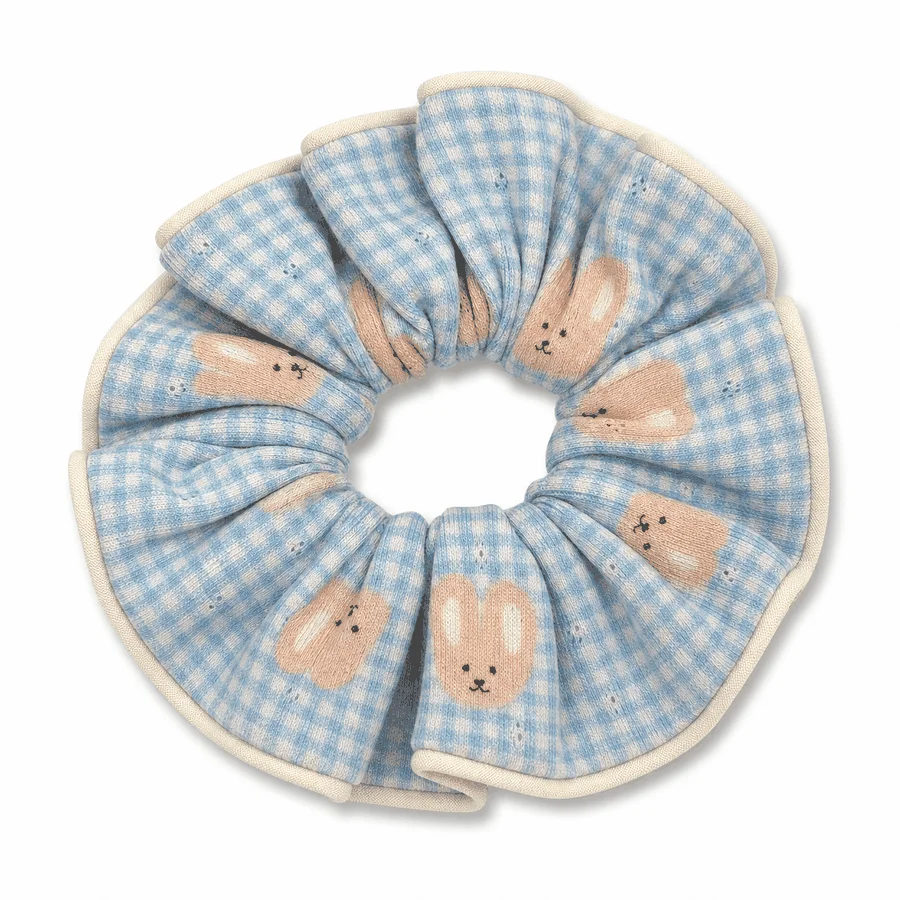 blue-gingham-bunny-single-layer-scrunchie-soft-knit-like-hair-tie-cream-piped-edge-handmade-ponytail-holder-for-women