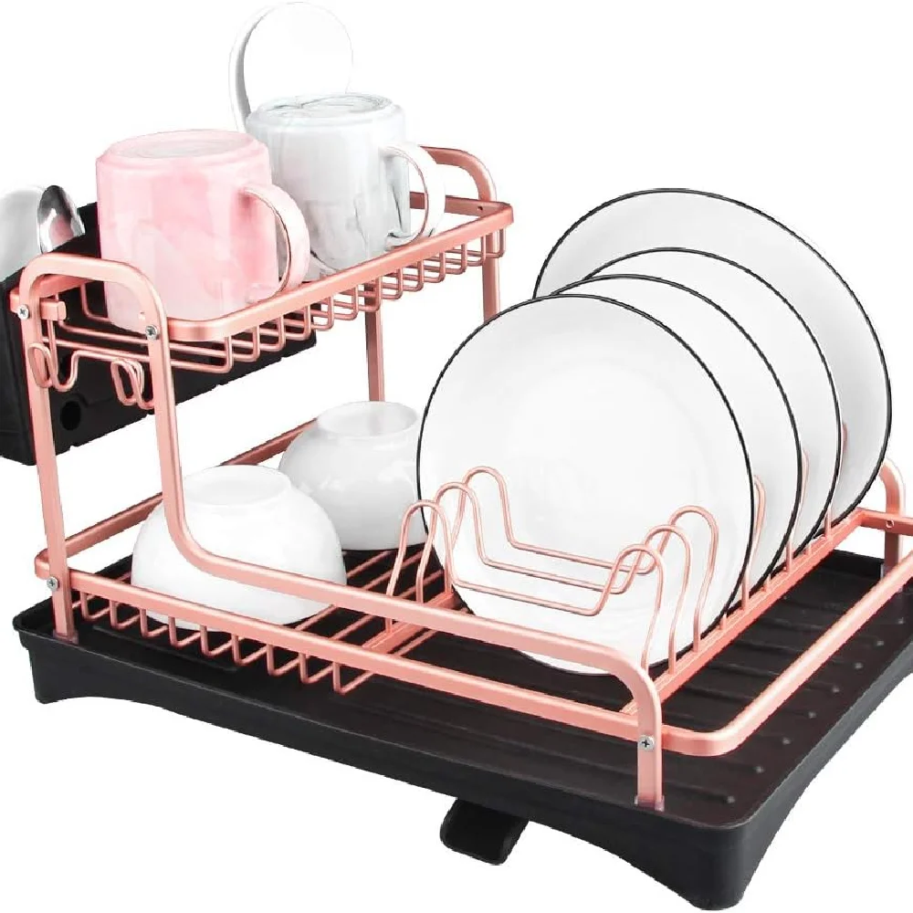 Never Rust Aluminum Dish Rack and Drain Board with Utensil Holder, Kitchen Plate, Cup Dish Drying Rack Tray, Cutlery Drainer