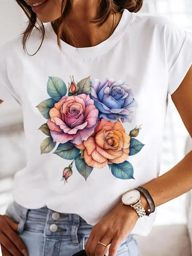 Watercolor Flower Clothes T Female Clothing For Women Graphic Tee Fashion Lady Casual Top O-neck Short Sleeve Print T-shirts