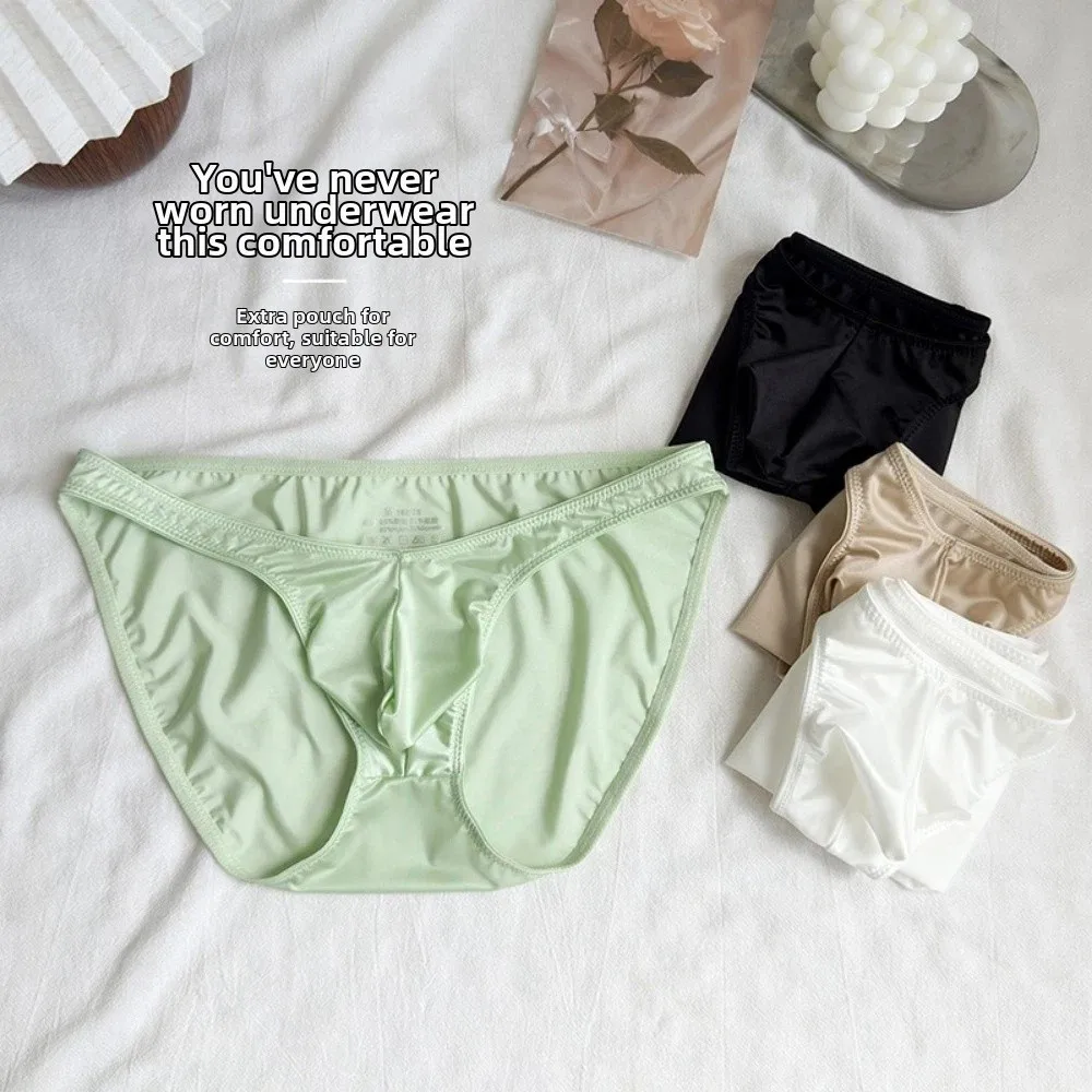 

Low Waist Men's U-Pouch Underwear Breathable Lingerie Satin Silk Briefs Narrow Belt Seamless Ice Silk Panties Large Size