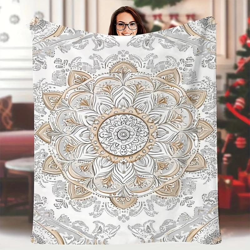 Cream White Gold Mandala Floral Throw Blanket,Warm Sofa,Bedroom Layer,Reading Cover,Birthday Anniversary Home Casual Present