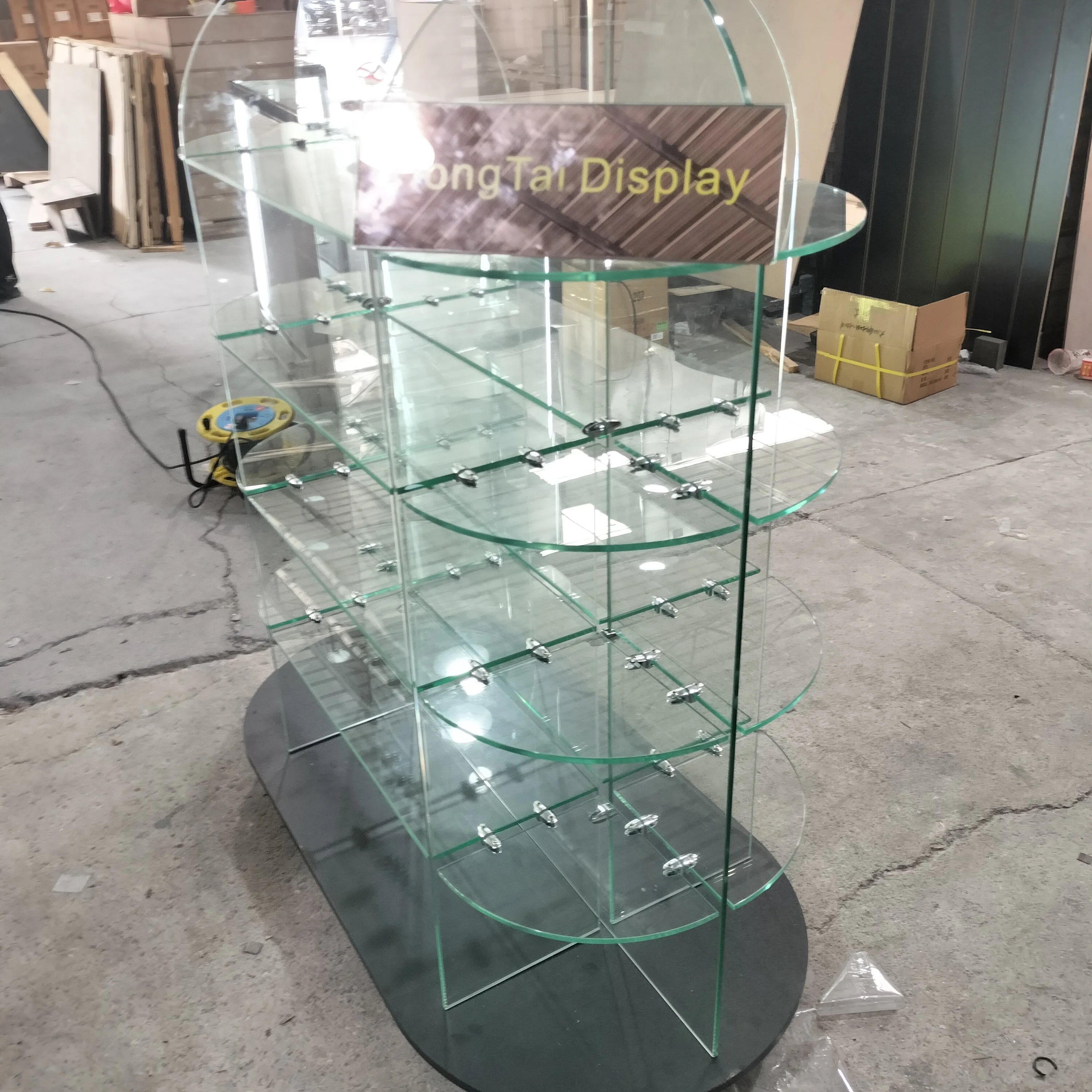 Etalase Kaca Temper Custom.Curved Extra Vision untuk Butik, Meja Pajang Kaca, Etalase Ritel