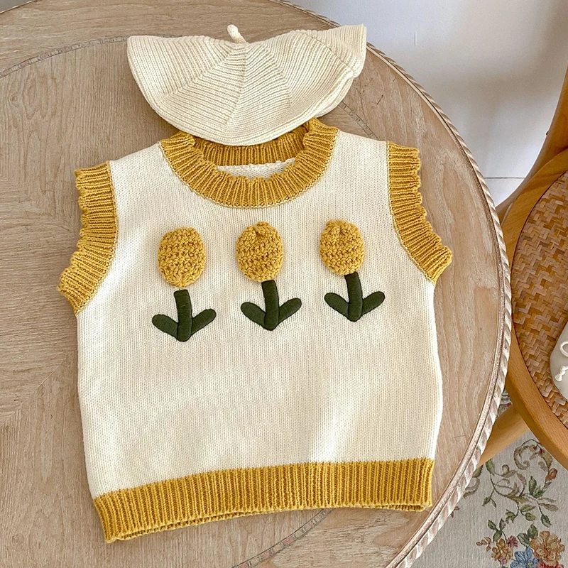 

Autumn Infant Baby Girls Sleeveless Cute Flower Vest Cardigan Coat Sweet Kids Baby Girls Knitted Cotton Cardigan Coat