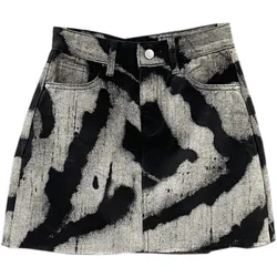 Korean Women's Denim Skirts 2025 New High Waist Slim Personalized Pattern Denim Skirt with Raw Edges A-line Half Skirt