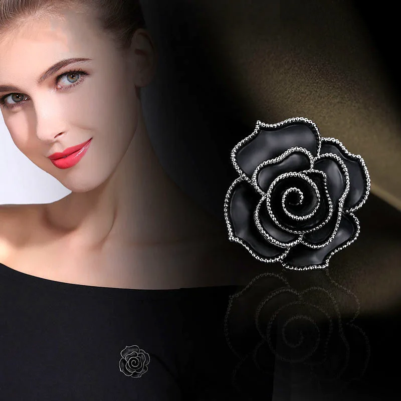 Elegant Black White Enamel Rose Flower Camellia Brooches Pins For Women Girls Fashion Lady Party Corsages Jewelry Gift