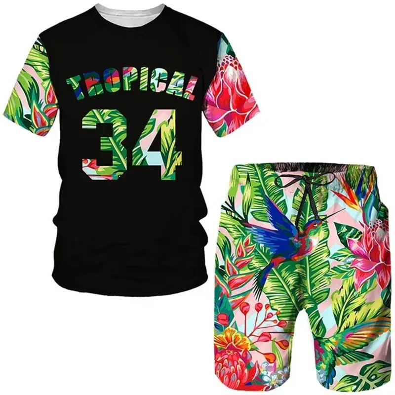 Men's Tracksuits Men Summer Round Neck Short Sleeve T-shirt Shorts Tropics Pattern 3D Printing Fashion Trend Casual New Set