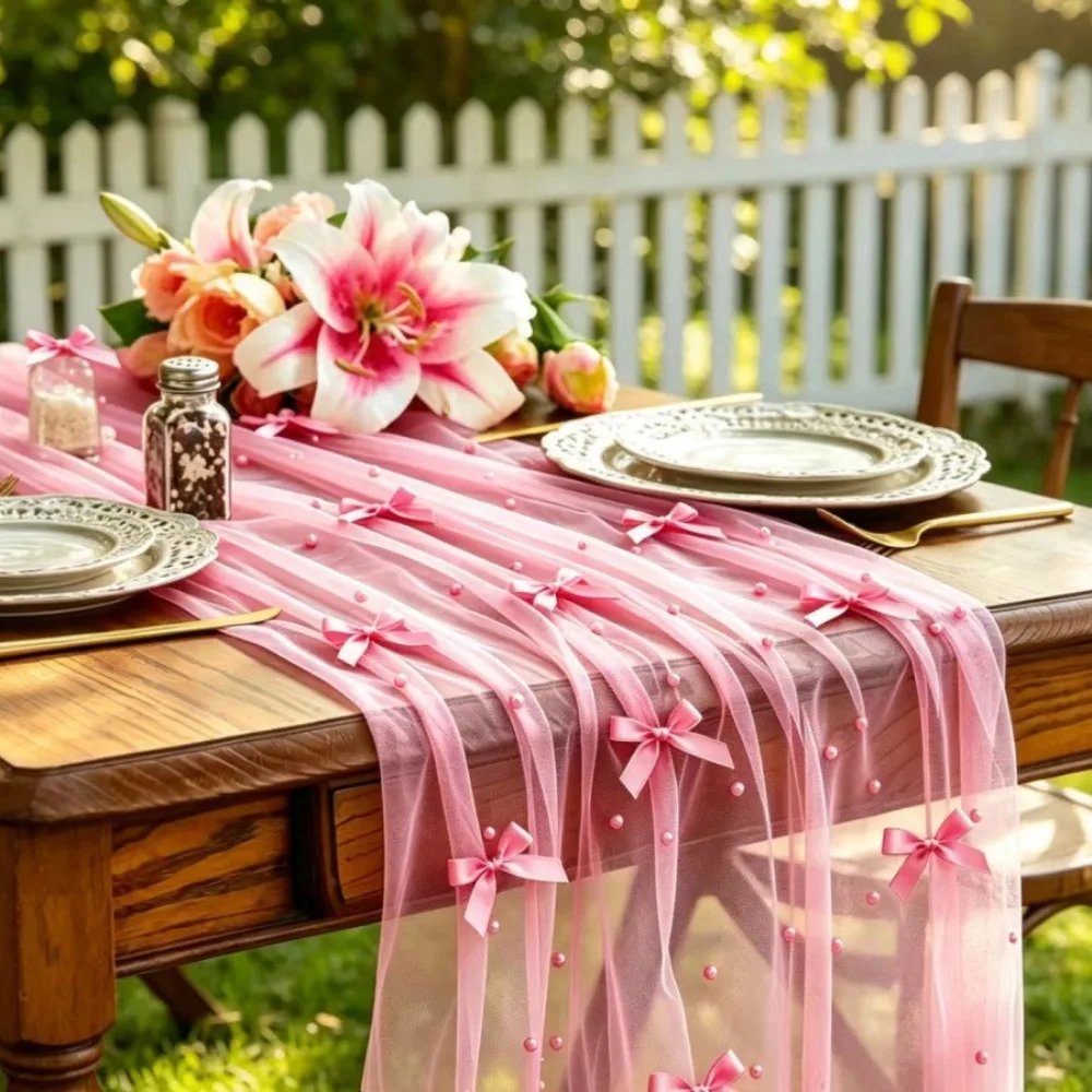 Romantic Bow Pearl Chiffon Runner Semi-Transparent Polyester Tulle Table Runner Luxury Decorative Wedding Table Runner