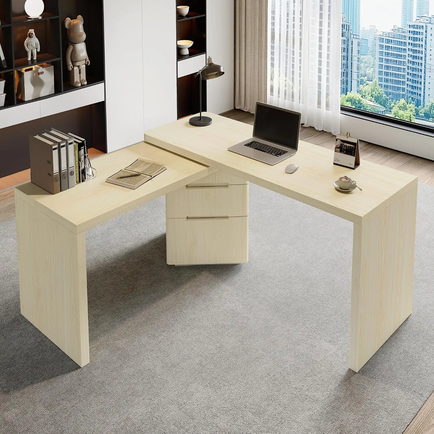L Shaped Executive Desk with 3 Drawers & Rotating Design, 90