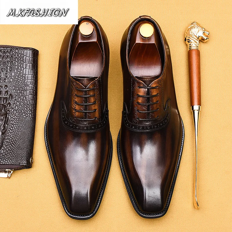 Men's Business Dress Oxford Shoes Genuine Leather Pointed Toe Slip On Flats Wedding Shoes Footwear