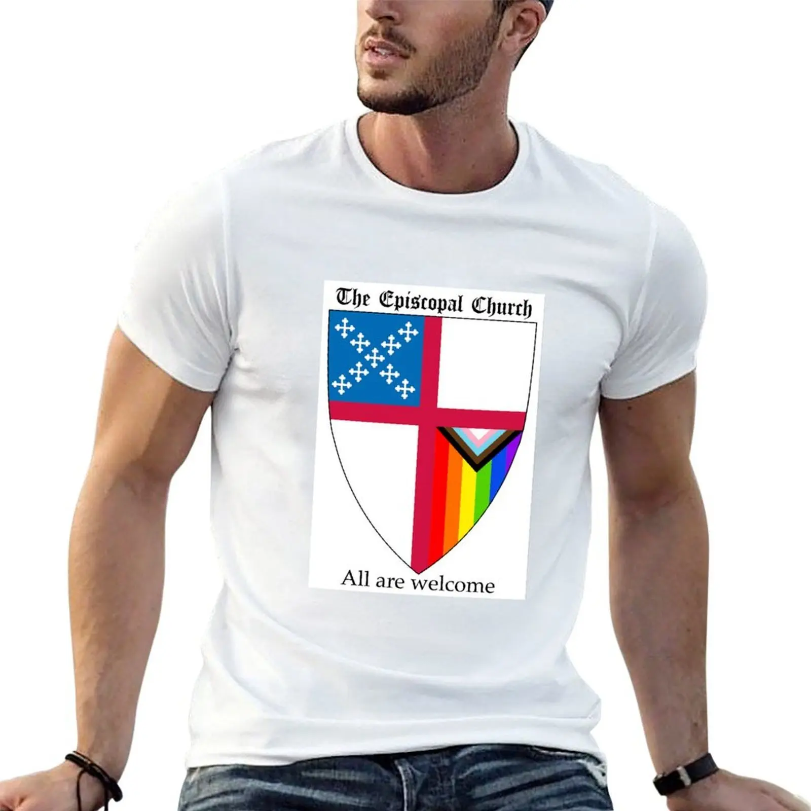 

Episcopal Church Shield with Progressive Pride Flag Vertical Rainbow - All Are Welcome 2 T-Shirt