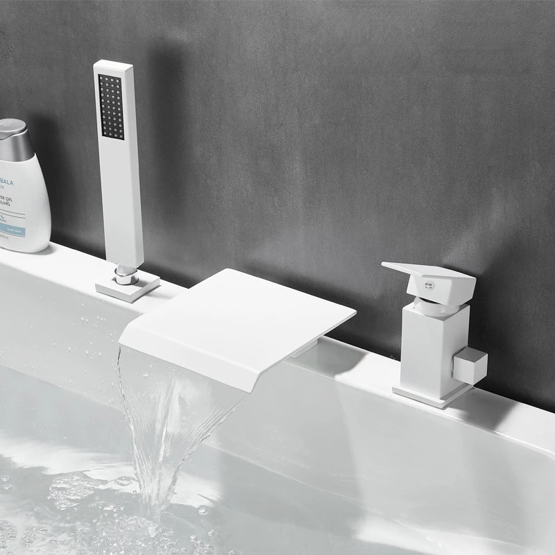 

Modern Bathtub Faucet Set with Separated White Waterfall Spout and High-Flow Hot and Cold Faucet