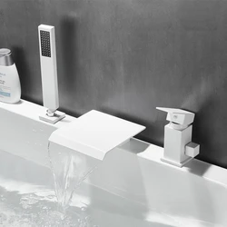 Modern Bathtub Faucet Set with Separated White Waterfall Spout and High-Flow Hot and Cold Faucet