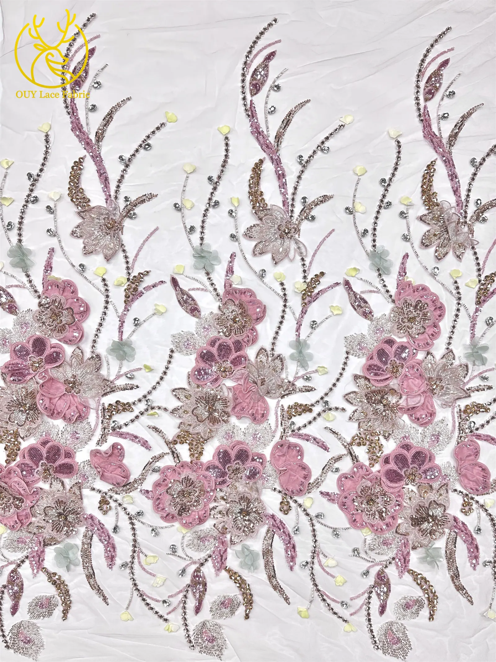 Handgefertigter Luxus Maßgeschneiderter 3D-Stickerei-Blumen-Edelstein-Spitzenstoff Afrikanischer Perlen-Pailletten-Spitzenstoff für Brautkleider – Detail 6