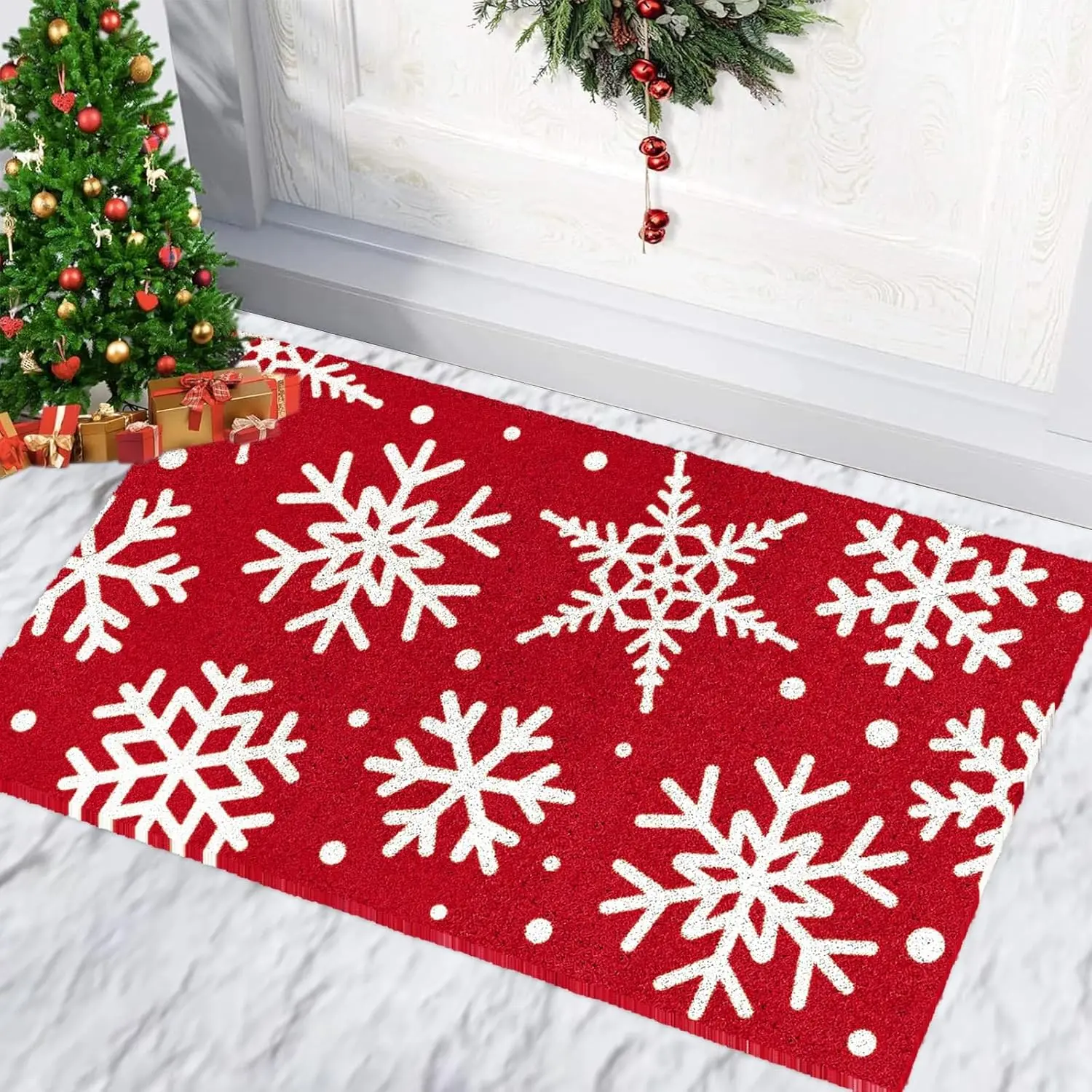Christmas Door Mat Christmas Snowflake Coir Doormat Xmas Winter Welcome Floor Mat Non-Slip Entrance Door Rugs for Indoor Outdoor