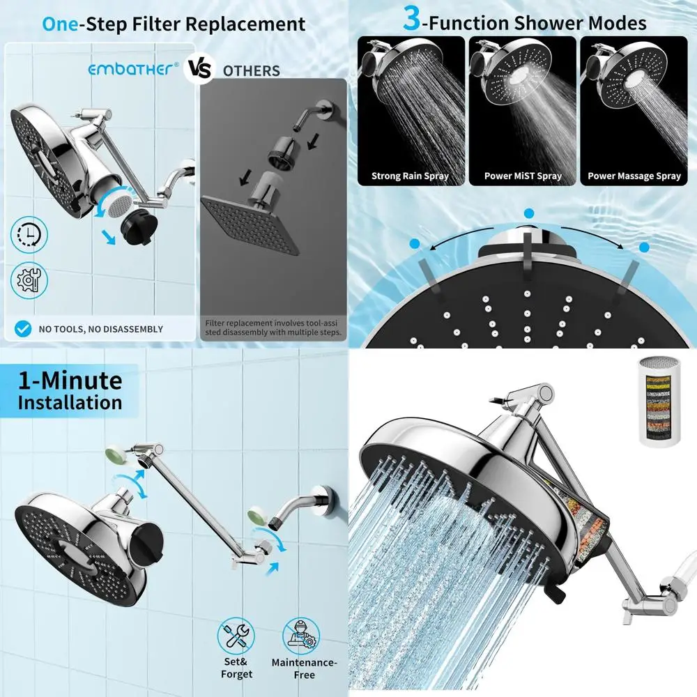 

8-Inch High-Output Shower Head with 3 Spray Modes, 18-Stage Hard Water Filter, 11 Adjustable Arm, Brass Swivel Joint, Chrome Fin