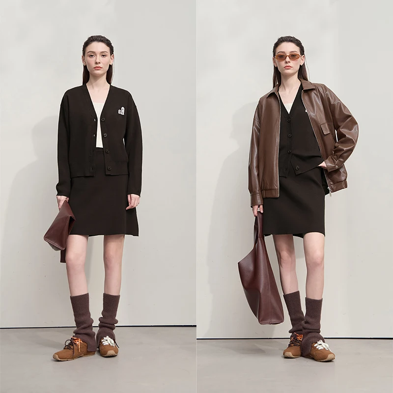 AMII suéter 2025 Otoño Invierno señora nueva cárdigan con cuello en V tejido manga larga cárdigan Mini faldas ropa Casual de mujer 12523114