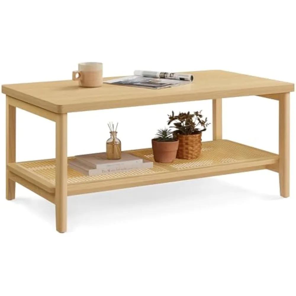 

2-Tier Coffee Table for Living Room, Rectangular Living Room Table, with PVC Rattan Storage Shelf, Rounded Corners, Easy Assemb