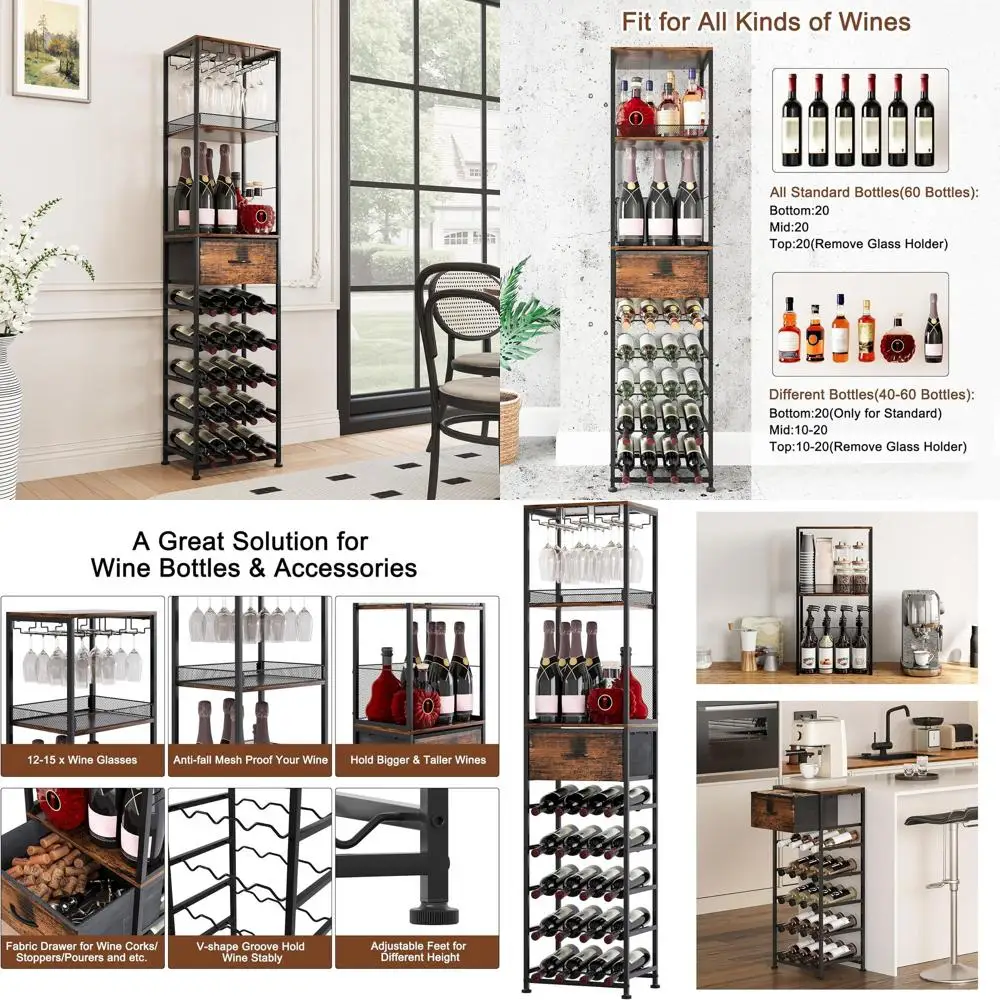 

Отдельно стоящая модульная винная полка на 40 бутылок с подстаканником и регулируемыми ножками, высокая полка для витрины алкоголя для домашнего бара, Bla