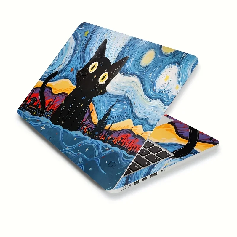 2 Pieces Van Gogh Starry Night Black Cat Laptop Light Beige Self-adhesive Matte Finish Non-reusable Animal Pattern Decal