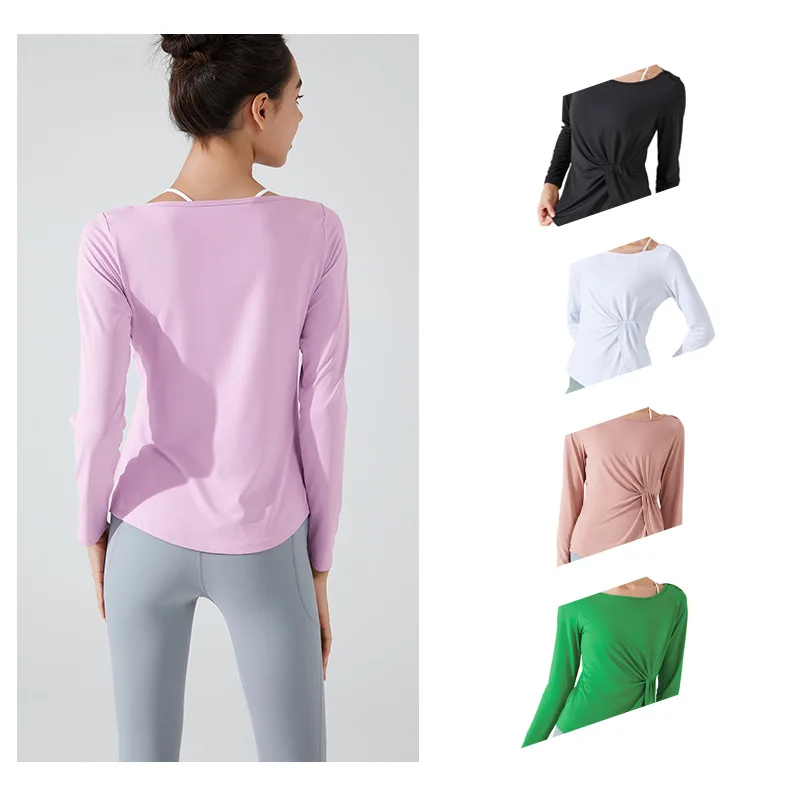 Stown Sportswear Long Sleeve Crop Top Gym Shirring Running Women Workout Tops Asymmetrical Sport Top Fitness Women