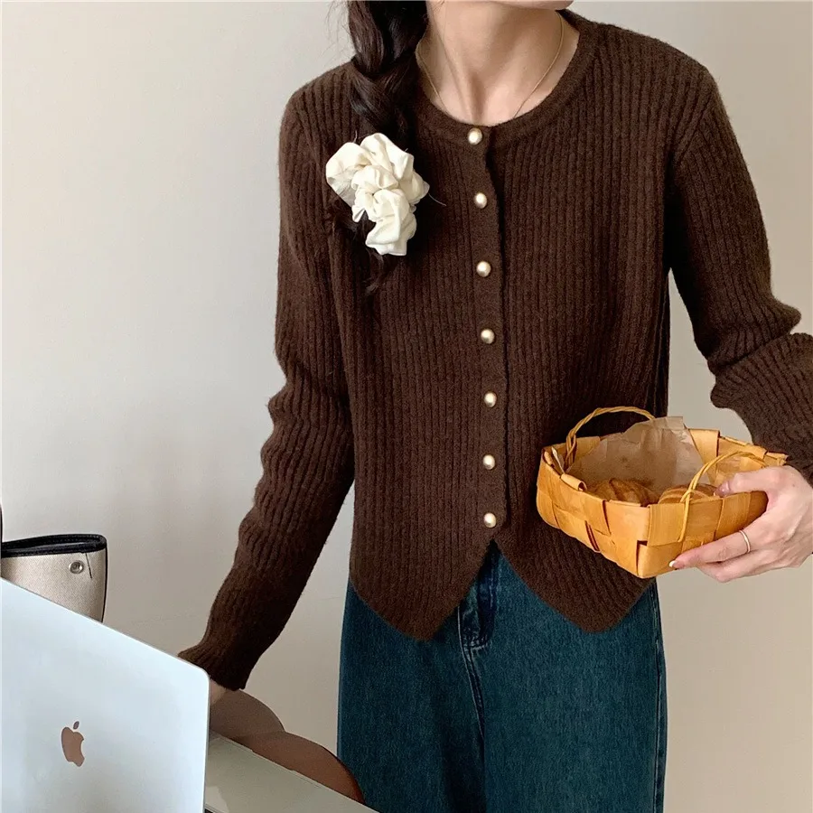 Chaqueta interior elegante de un solo botón para mujer, cárdigan de punto elegante INS, suéter informal liso de manga larga con cuello redondo, abrigo