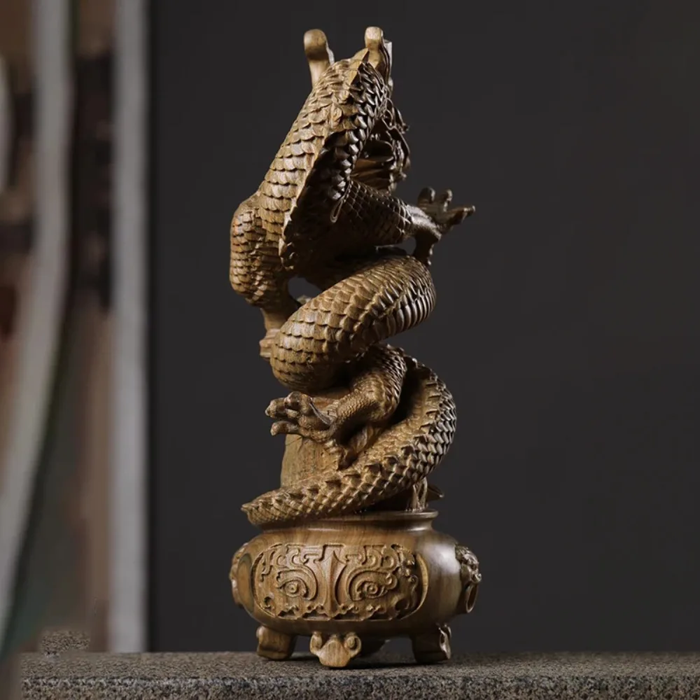 Green Sandalwood Carved Dragon Cauldron Ornament, Chinese Style Home Office Desk Decoration, Opening Gift Craft