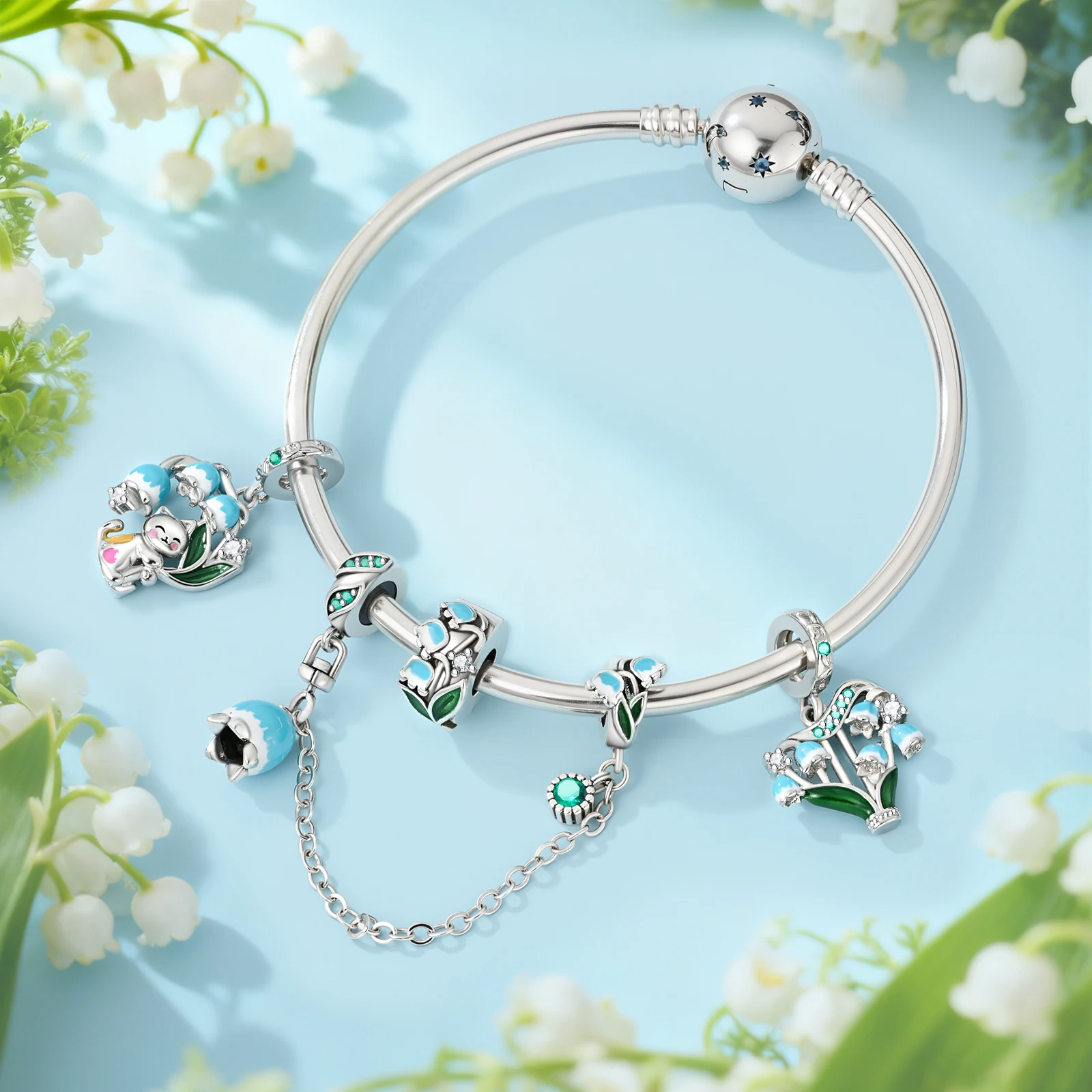 Blue Lily of The Valley Iris Flower Beads 925 Sterling Silver Original Pendants Bracelet Charm Jewelry Party DIY Trendy Gifts