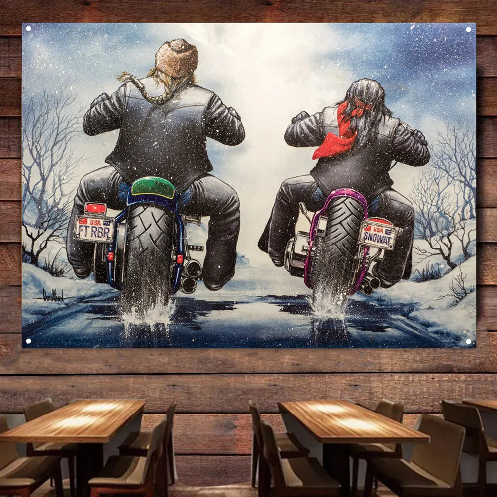 

Snow Biking Vintage Motorcycles Banner Flag Poster Wall Art Painting Tapestry Man Cave Bar Club Pub Garage Home Decor Sticker