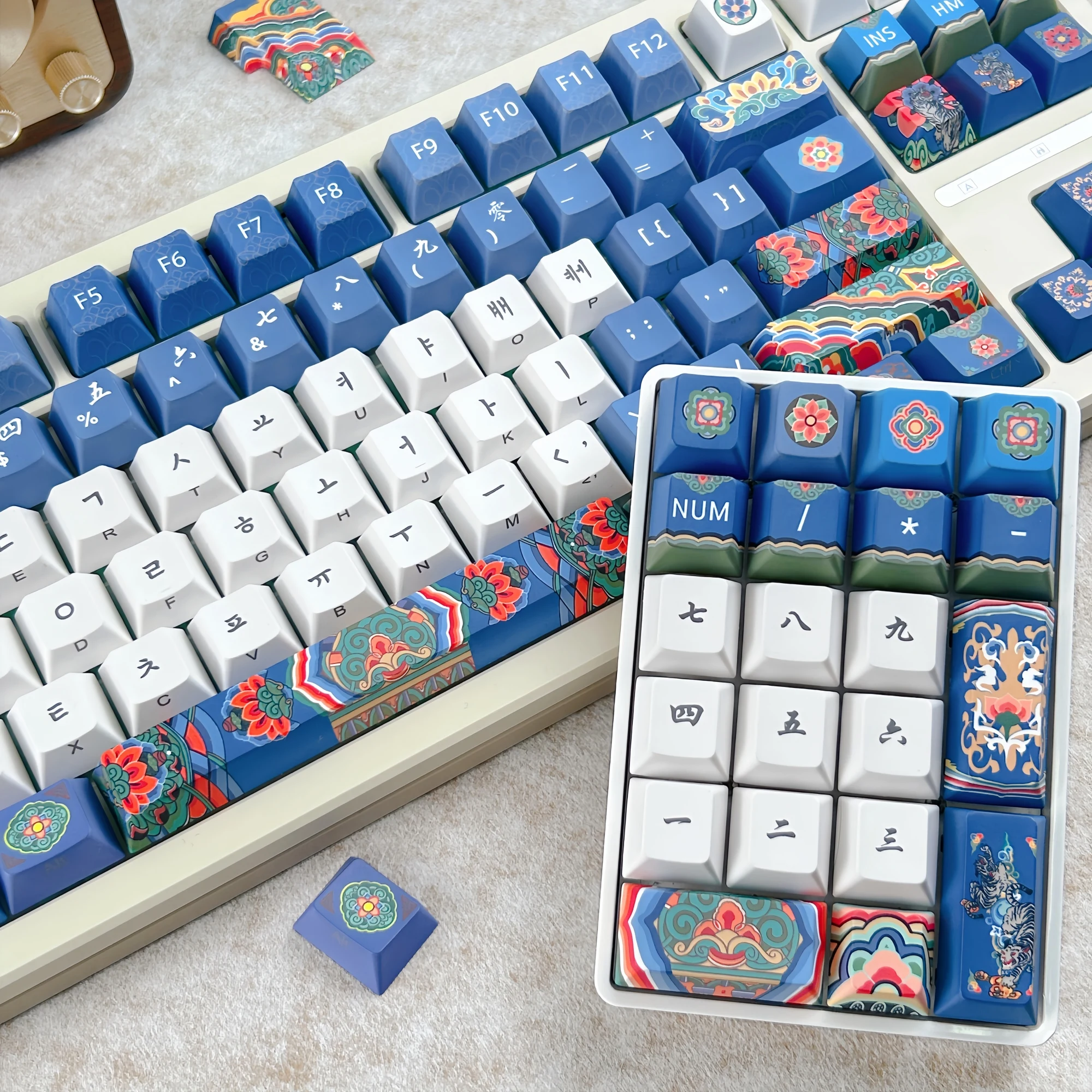 MAIMOOO Blue Korean Keycap Cherry Profile PBT Traditional Architecture Side Engraved Hangul Keycaps for Mechanical Keyboard