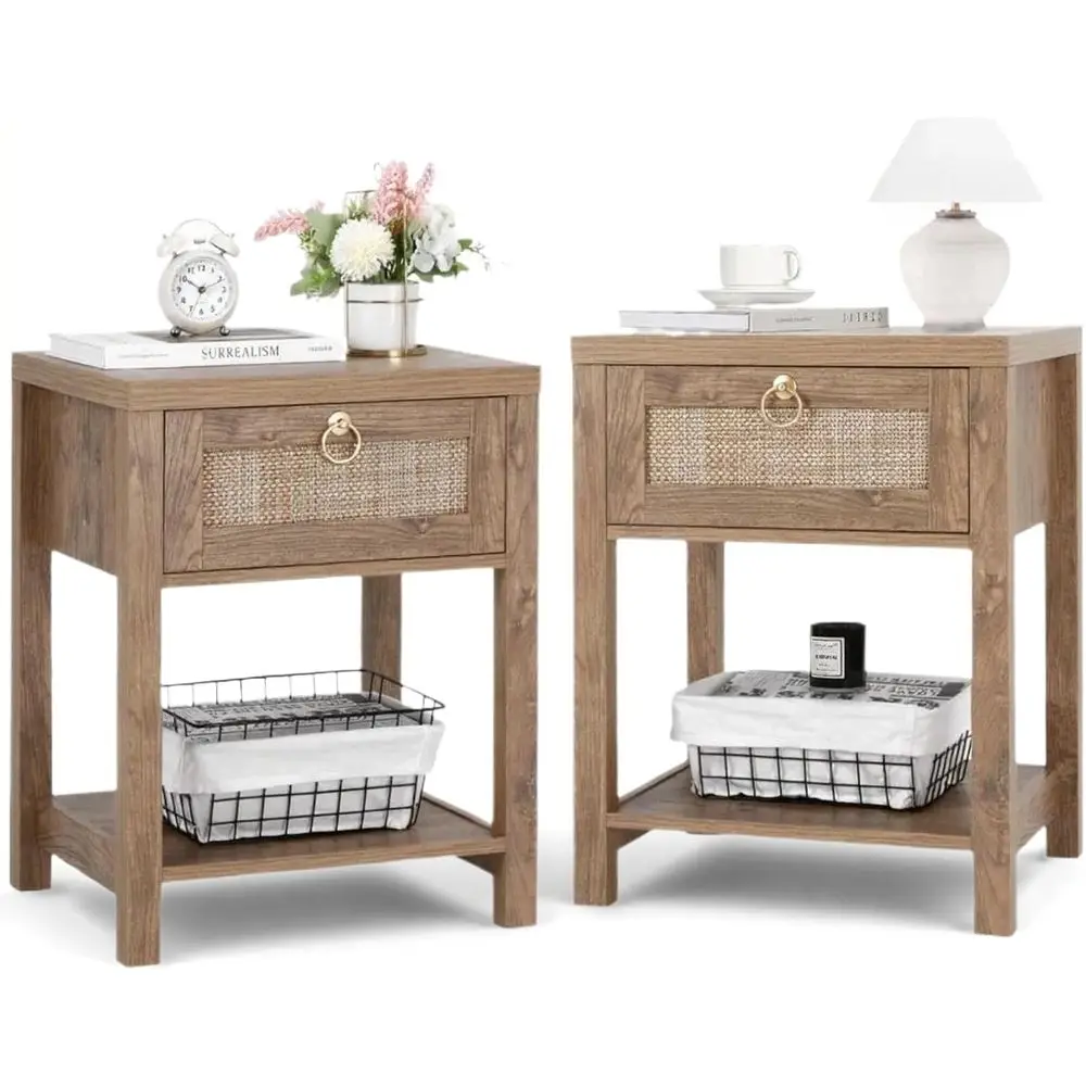 

2-Piece Rattan Nightstand Set - Elegant Bedroom Side Tables with Drawer and Storage Shelf, Boho Style Accent Furniture for Night