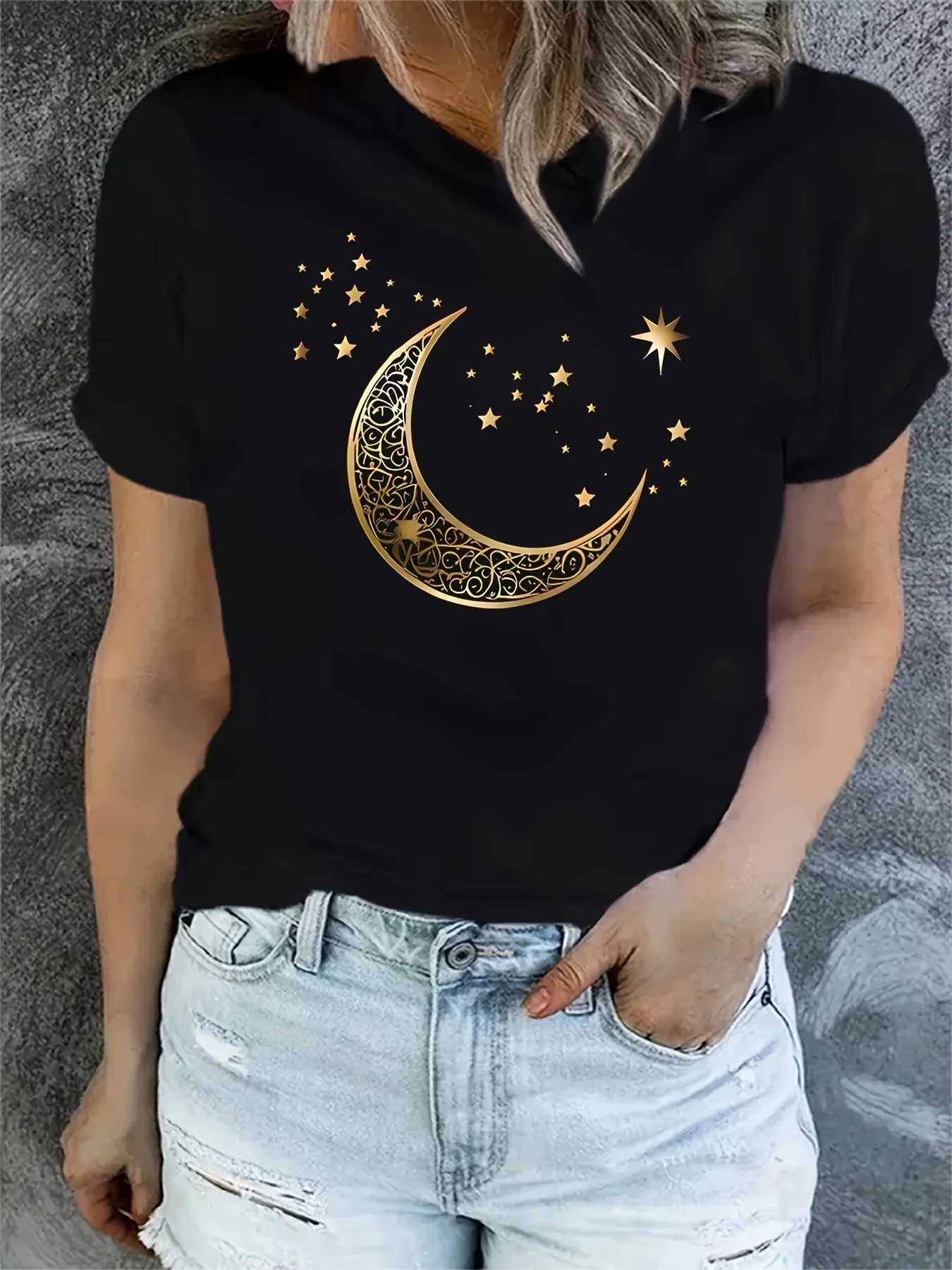Lässiges Rundhals-T-Shirt für Damen mit Mond und Sternen, Grafik, Sommer, kurzärmelig, Harajuku, Streetwear, Top, T-Shirt, ästhetische Kleidung