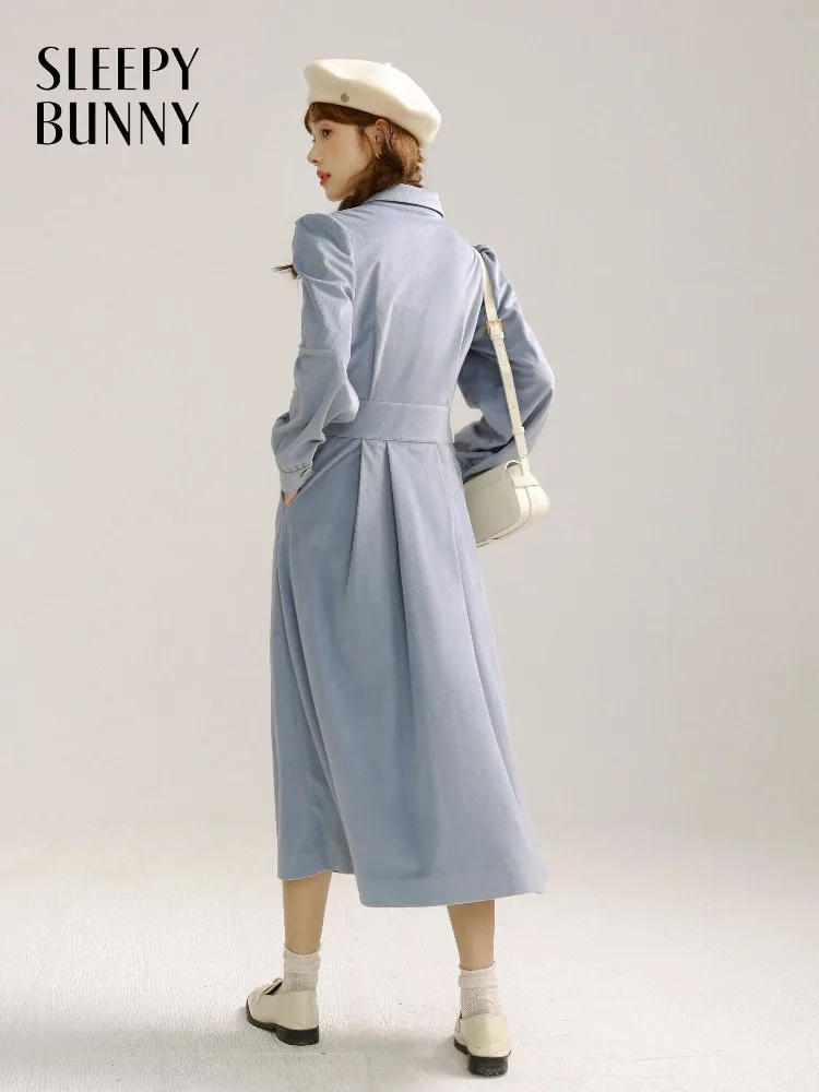 

Elegant Corduroy Midi Dress Vintage French Style A-Line Long Dress Slim Winter Outfit for Women with Lapel Collar Waist Detail