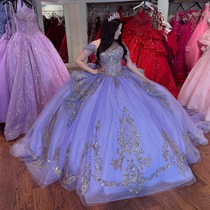 

Lavender Shiny Quinceanera Dresses Ball Gown Off The Shoulder Gold Applique Lace Beading Crystal Bow Tull Party Birthday Sweet