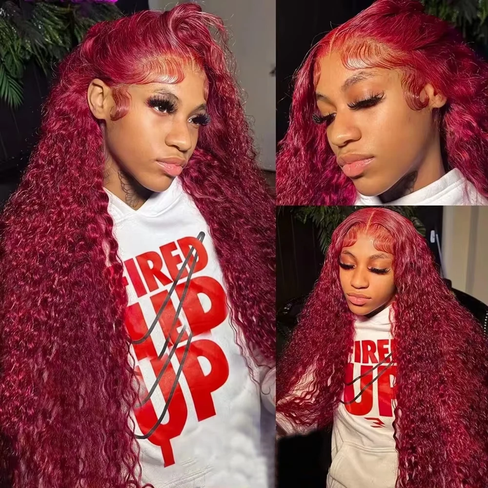 220 Density 13x4 Curly 99J Burgundy Lace Front Wig Red Wine Colored 36 40 Inch Deep Wave 13x6 HD Lace Frontal Human Hair Wigs