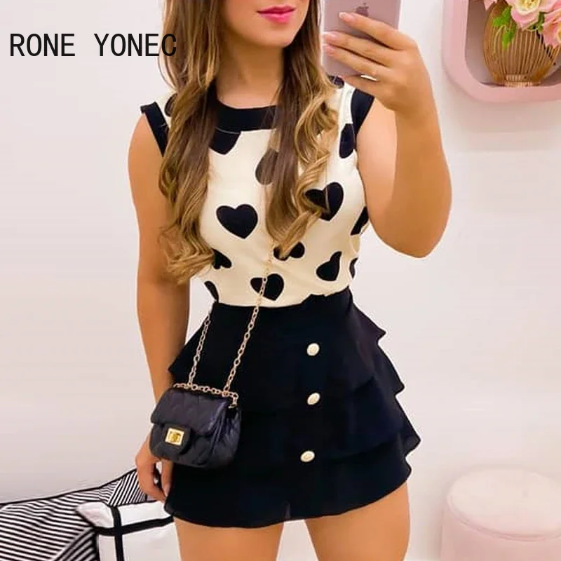 Women Print Heart Round Neck Top & Skirt Set Women Sweet Suit