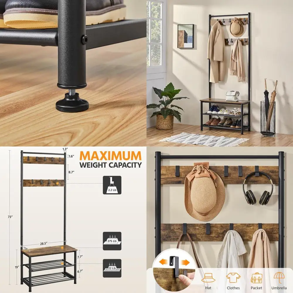 

Скамья для прихожей 3-в-1 в деревенском стиле, коричневая, с вешалкой для одежды, местом для обуви и 9 крючками, простая в сборке