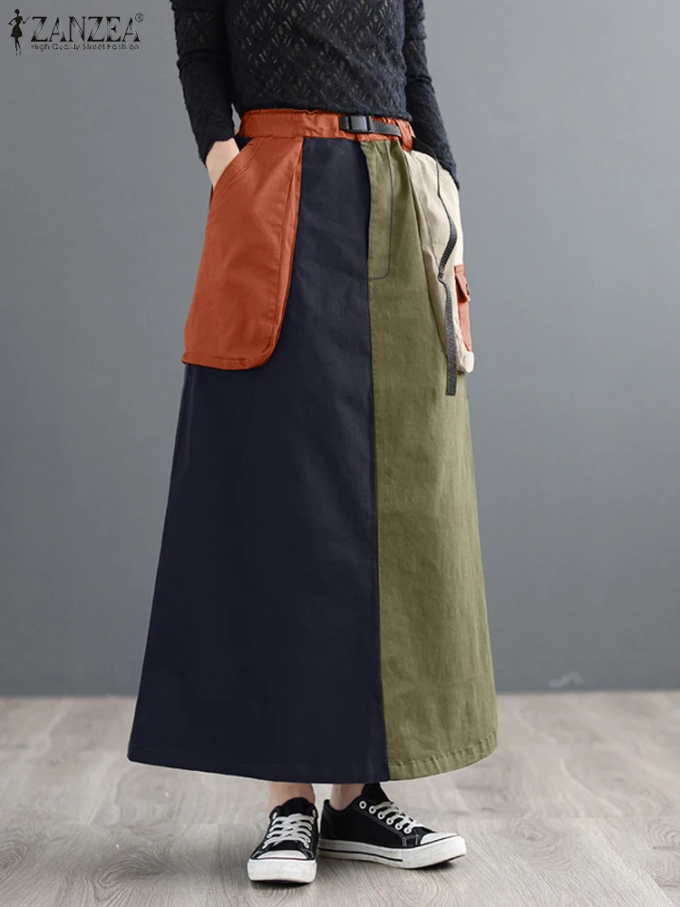 ZANZEA Elastic Waist Color Block A-line Faldas Loose Casual Women Cargo Autumn Long Jupes Patchwork Street Fashion Midi Skirts