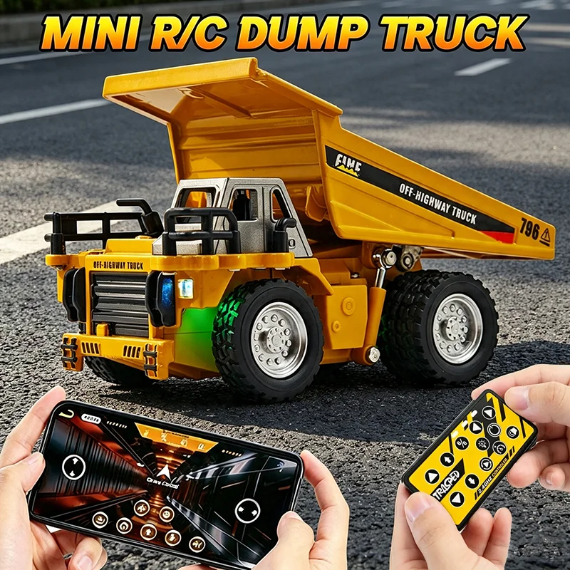 1/64 RC Dump Truck 2.4G Mini Alloy Remote Control Engineering Car Liftable Off-Road Construction Desk Model Toy for Kids