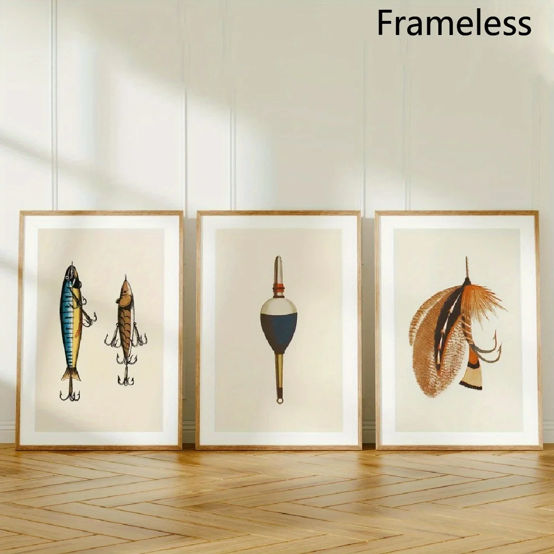 (No frame)2D Flat, 3pcs Set Modern Abstract Nautical Wall Art Suitable for Fisherman Float & Tackle Prints, Vertical Fisherma