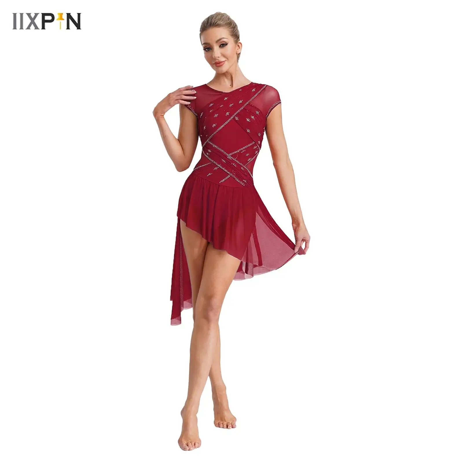 

Womens Figure Skating Leotard Dress RhinRuched Mesh Overlay Irregular Hem Bodysuit Dresses for Modern Lyrical Dance Costume