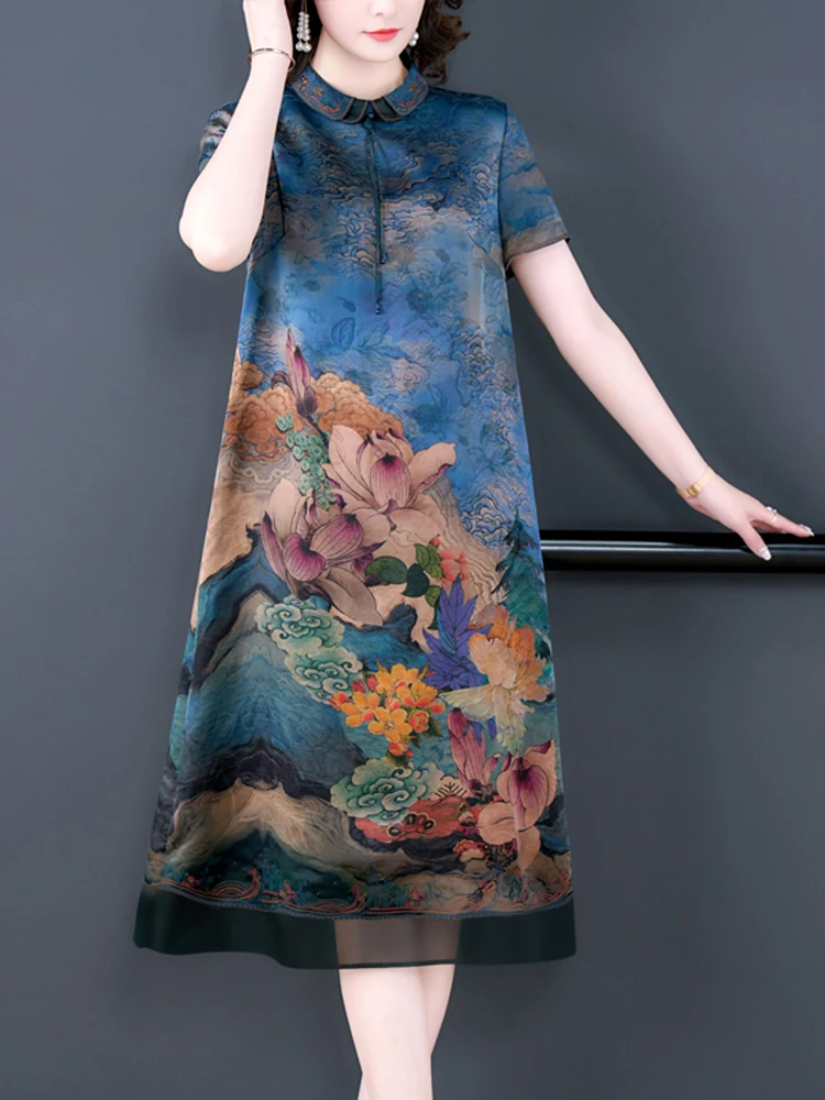 Summer New Silk Print Vintage Casual Chic Midi Dress Women Embroidery Elegant Luxury Evening Dress 2024 Fashion Bodycon Vestidos