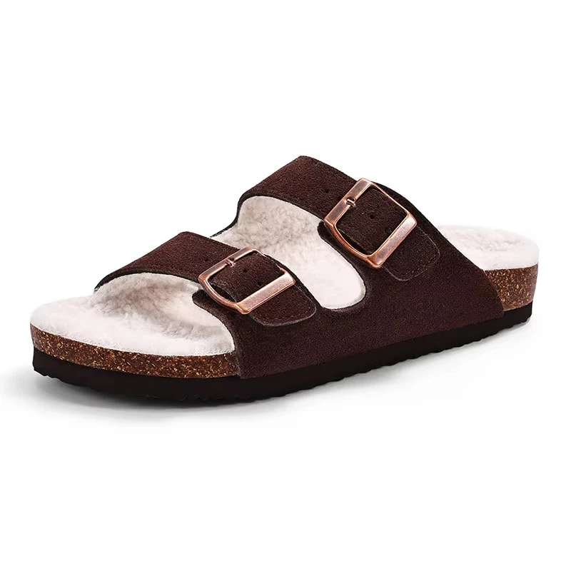 Evshine المرأة قباقيب غامض النعال داخلي المفتوحة تو الفراء الشرائح مع مشبك مزدوج الجلد المدبوغ الفلين أحذية سيدة الراحة شبشب منزل #1