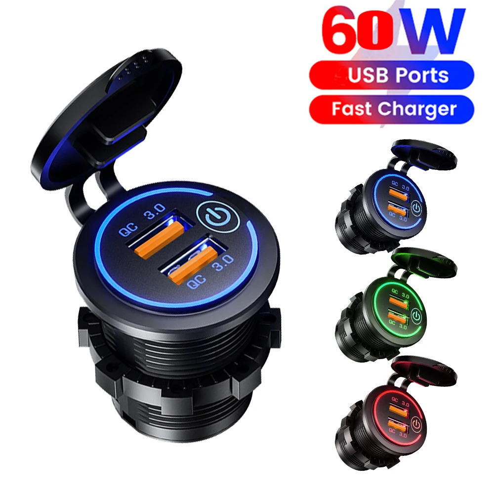 Quick Charge 3.0 Dual USB Fast Car Charger Socket 60W Waterproof 12V/24V Power Outlet with Touch Switch & Led Light Waterproof