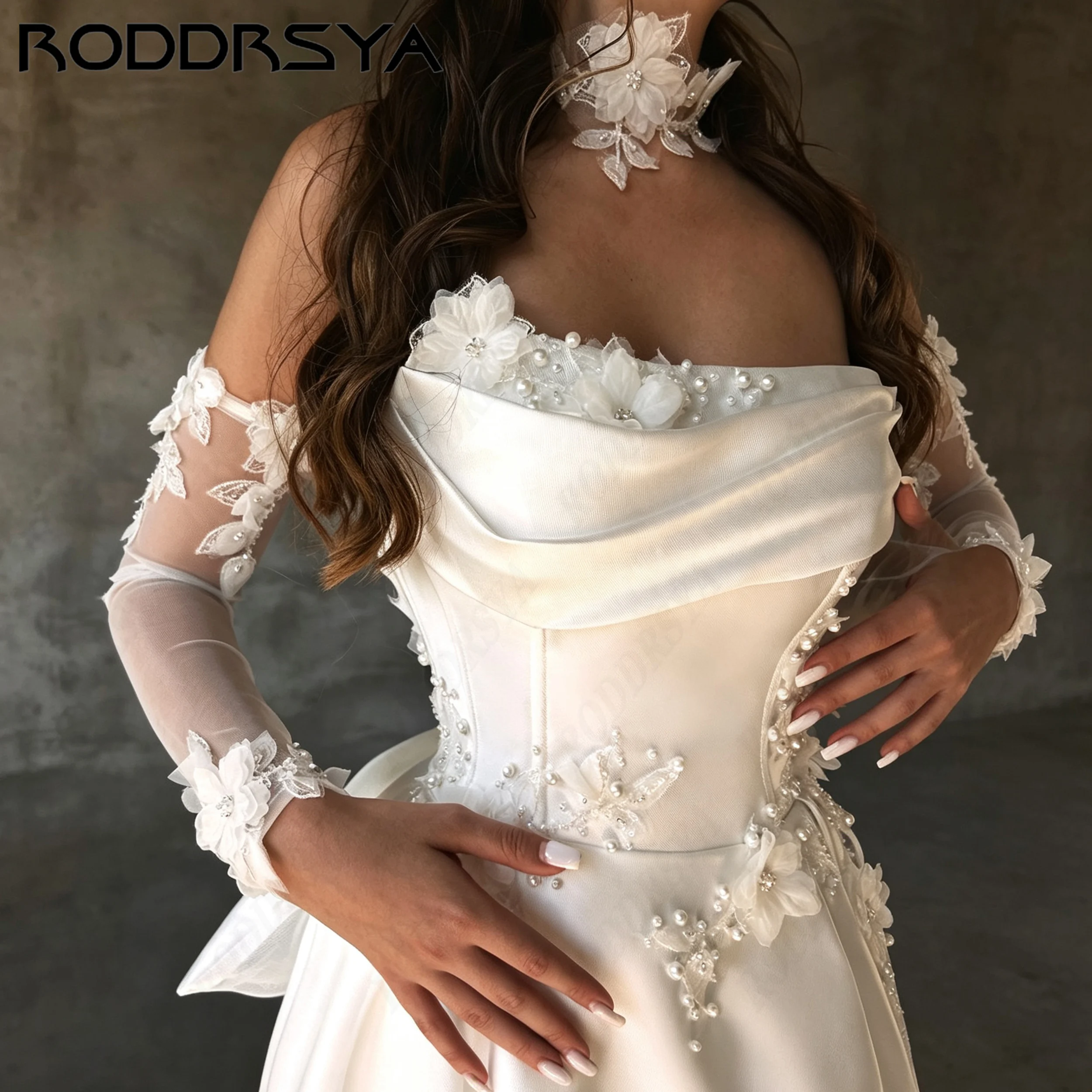 RODDRSYA Strapless 3D Floral Wedding Gown For Women Modern Satin Bride Dresses High Split A-Line vestidos de novia Customized