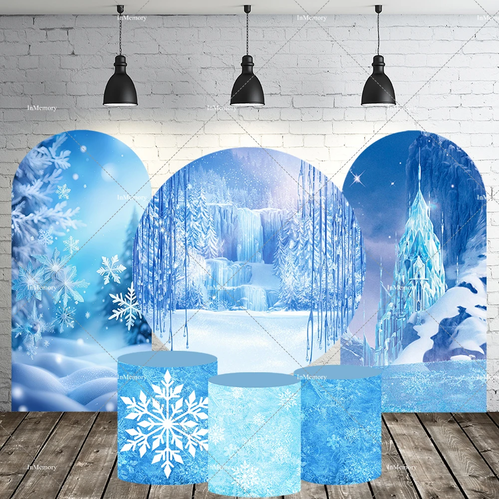Winter Frozen Wonderland Round Arch Backdrop Cover Snow Castle Princess Girls Birthday Party Decor Snowflake Cylinder Covers