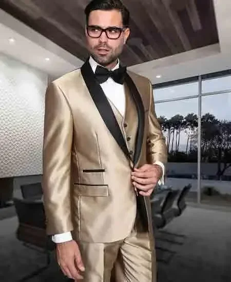 2024 Gold Satin Men Suit Shawl Lapel Wedding Suits For Men Slim Fit 3 Piece Prom Tuxedo Custom Groom Blazer Sets Terno Masculino