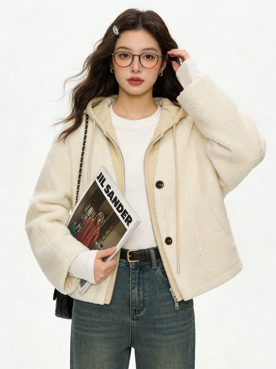 

Корейская зимняя женская куртка с капюшоном из овечьего меха, новый дизайн, антивозрастной эффект, утепленная, имитация двухслойности, теплая, короткая.