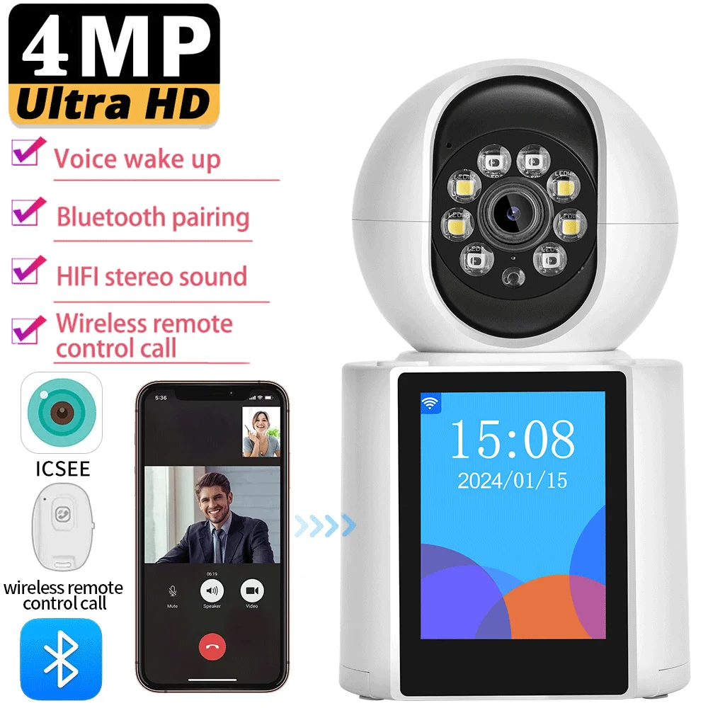 

4MP WIFI IP Camera IPS Screen HD Video Intercom Baby Monitor Camera Cry Sound Detection Auto Tracking Indoor Security Cam ICSee